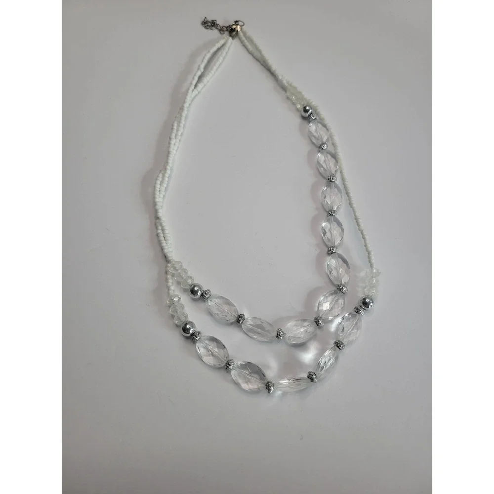 White Clear Double Strand Beaded Necklace Faceted Oval Silver Tone Statement